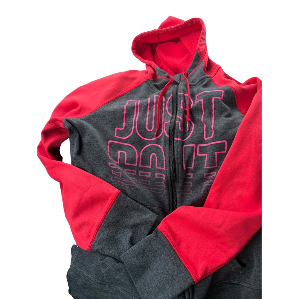 Nike Therma-FIT Hoodie Womens Small Gray Red Just Do It Full Zip Sweatshirt